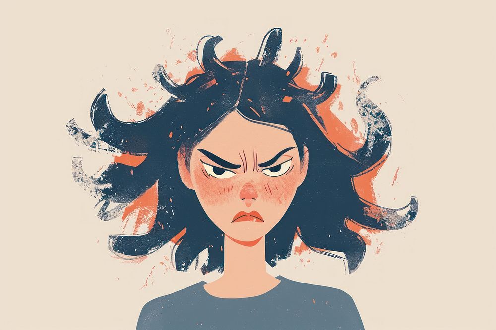 Annoyed woman with negative energy on her head portrait cartoon drawing. AI generated Image by rawpixel.