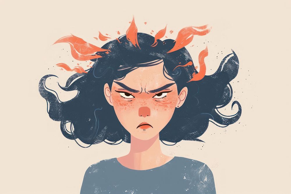 Annoyed woman with negative energy on her head portrait cartoon drawing. AI generated Image by rawpixel.