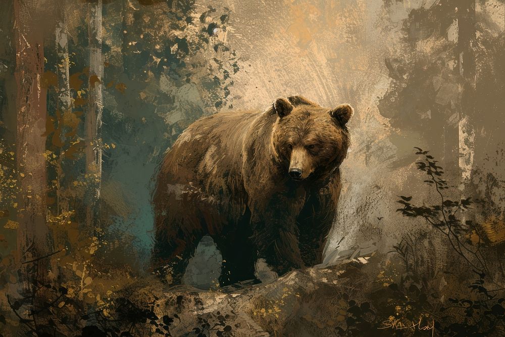 Bear in the forest wildlife painting mammal.