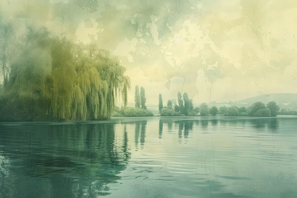 Calm lake green willow trees painting landscape panoramic.