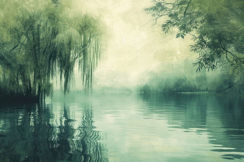 Calm lake green willow trees backgrounds landscape outdoors.
