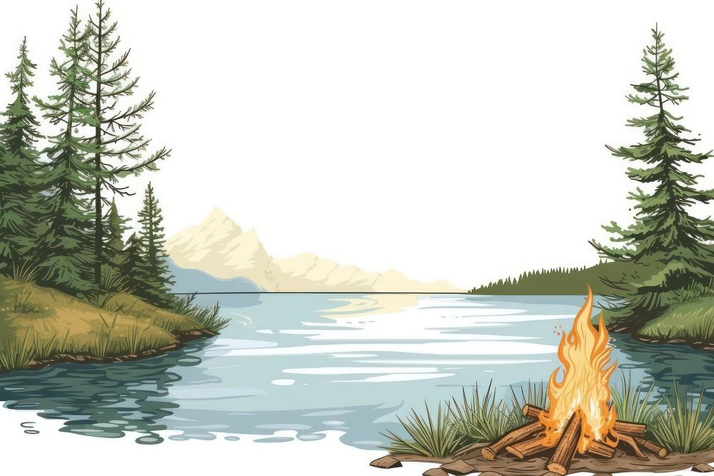 Campfire burning by lake wilderness landscape outdoors.