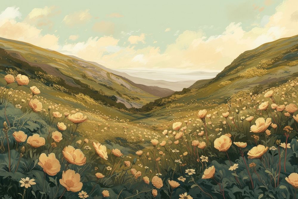 Flower hills painting wilderness landscape.