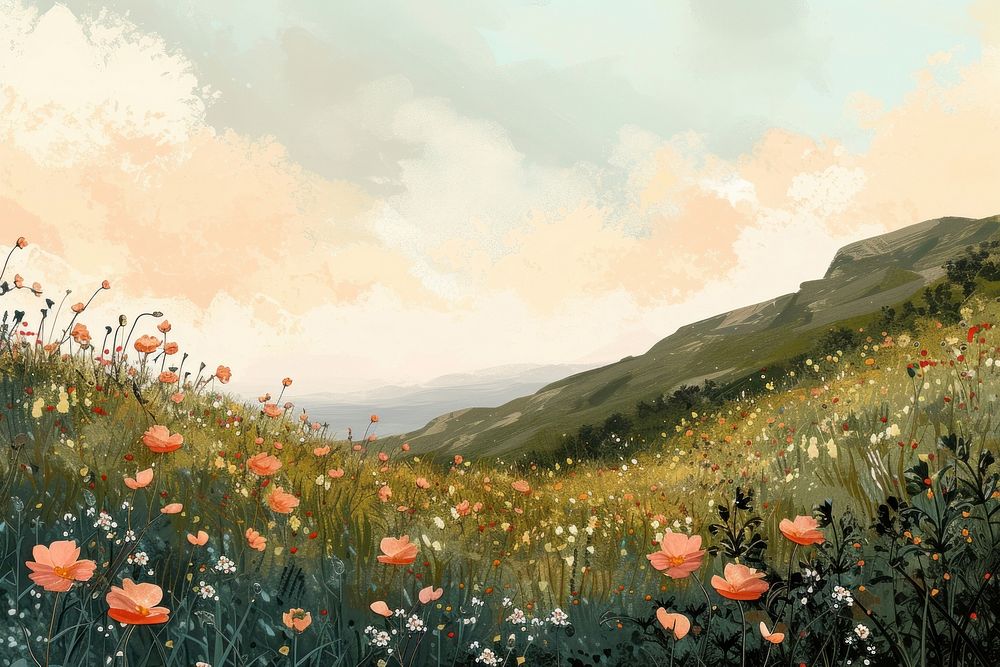 Painting flower field landscape.