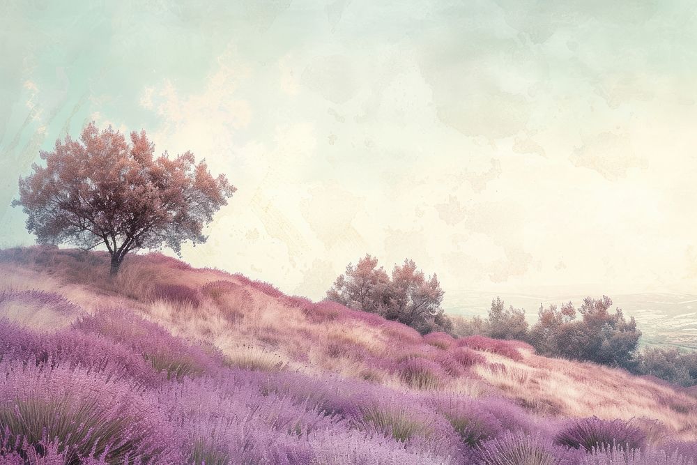 Hilly lavender fields painting landscape outdoors.