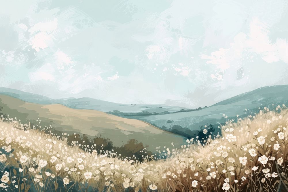 Spring hilly flowerfield painting backgrounds landscape.