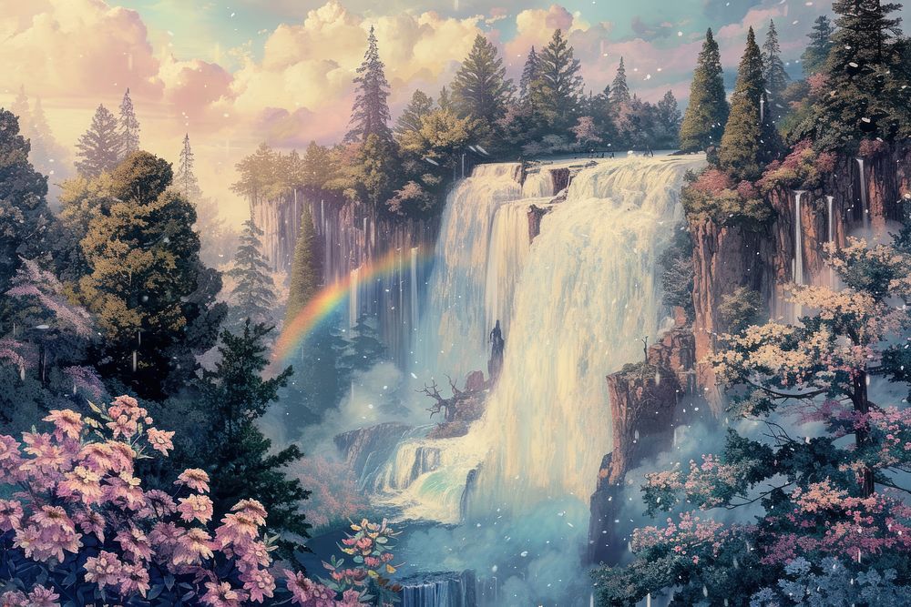 Waterfall painting tree art.