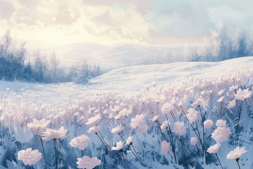 Winter hilly flowerfield landscape outdoors painting.