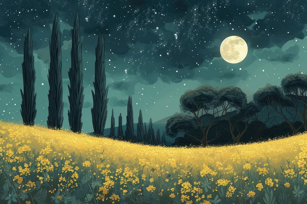 Night field moon landscape.