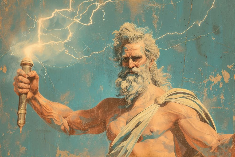 Zeus holding a lighting bold painting art architecture.