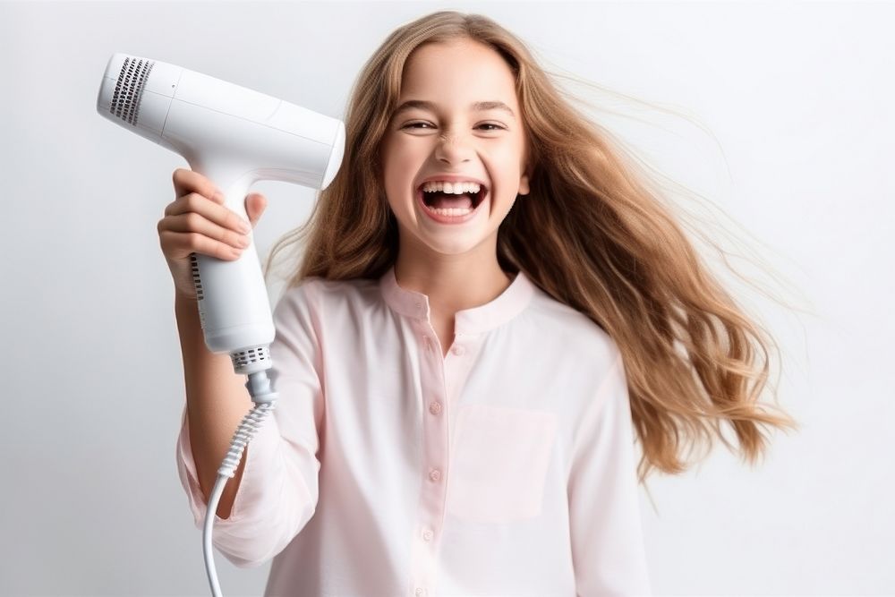 Hair dryer portrait joy white background.