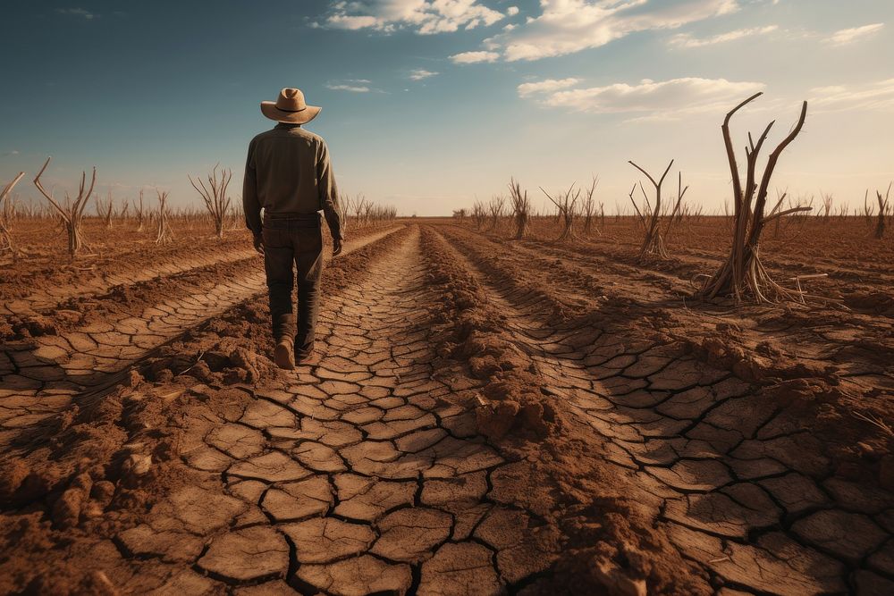 A farmer confronts the aftermath of a harsh drought photography outdoors standing. 