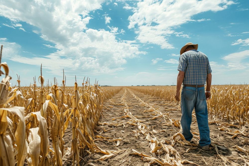 A farmer confronts the aftermath of a harsh drought outdoors standing horizon. 