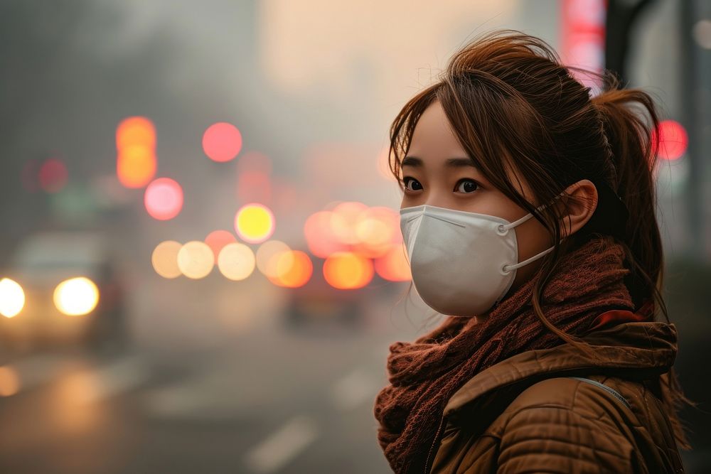 Asian woman in highly polluted air city photography adult mask. AI generated Image by rawpixel.