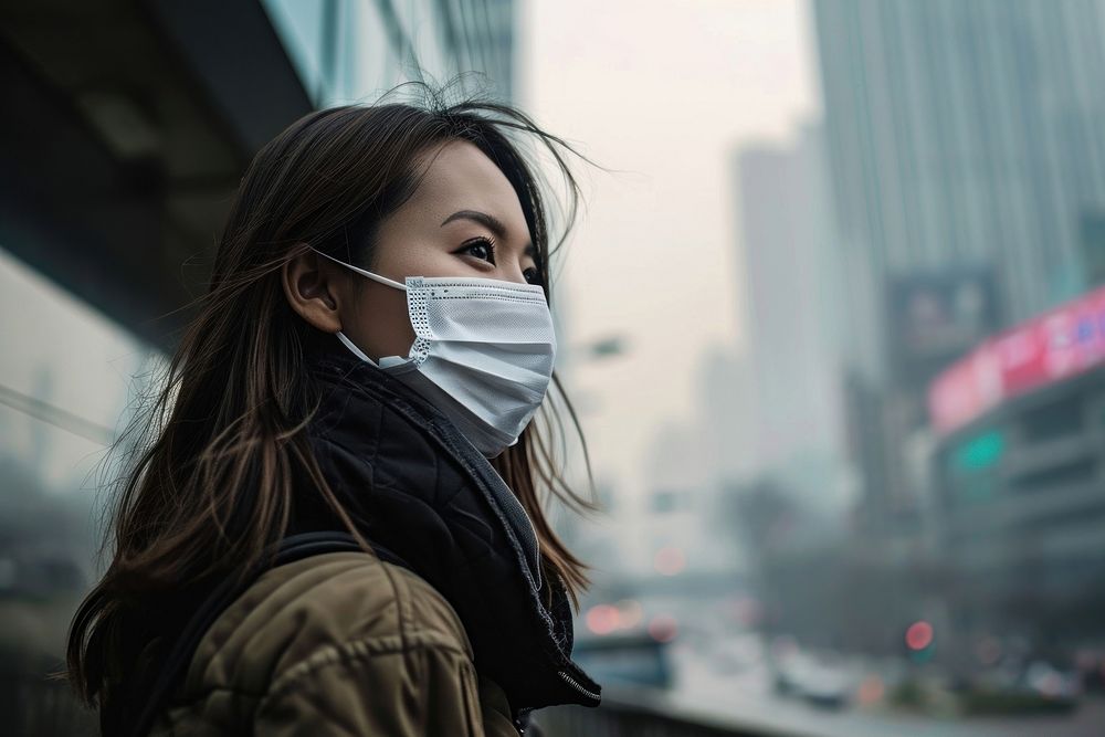 Asian woman in highly polluted air city adult mask surgical mask. AI generated Image by rawpixel.
