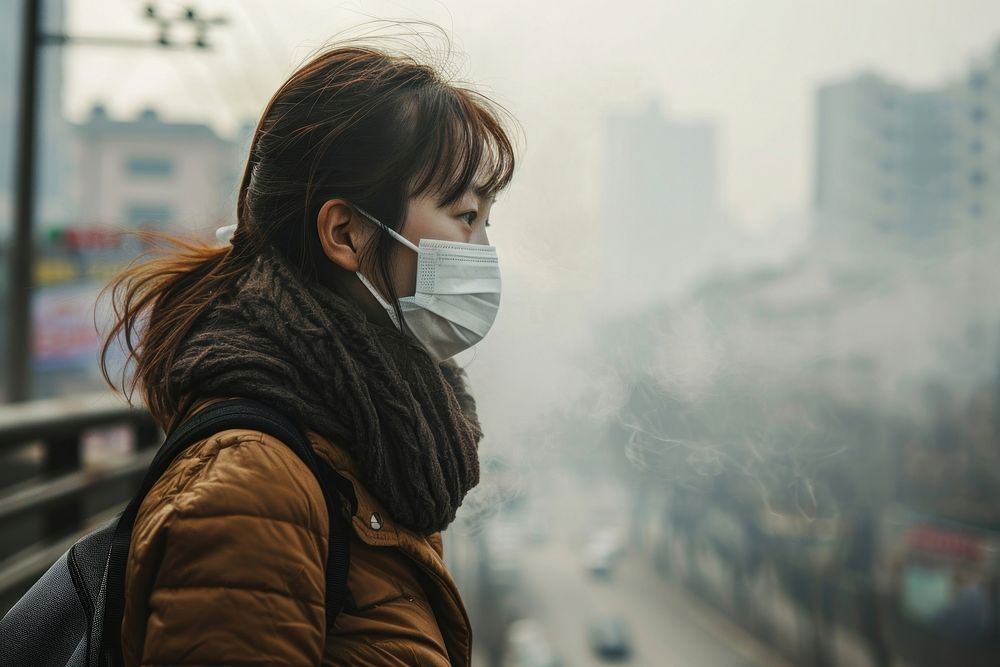 Asian woman in highly polluted air city outdoors smoke adult. AI generated Image by rawpixel.