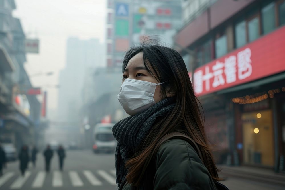 Asian woman in highly polluted air city smog outdoors smoke. AI generated Image by rawpixel.