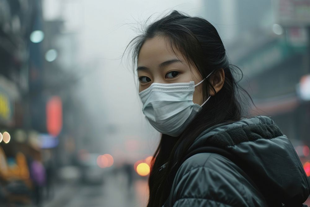 Asian woman in highly polluted air city adult smoke smog. AI generated Image by rawpixel.