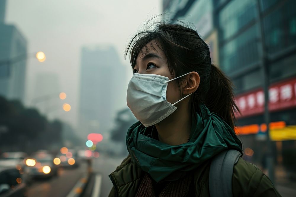 Asian woman in highly polluted air city adult mask smog. AI generated Image by rawpixel.