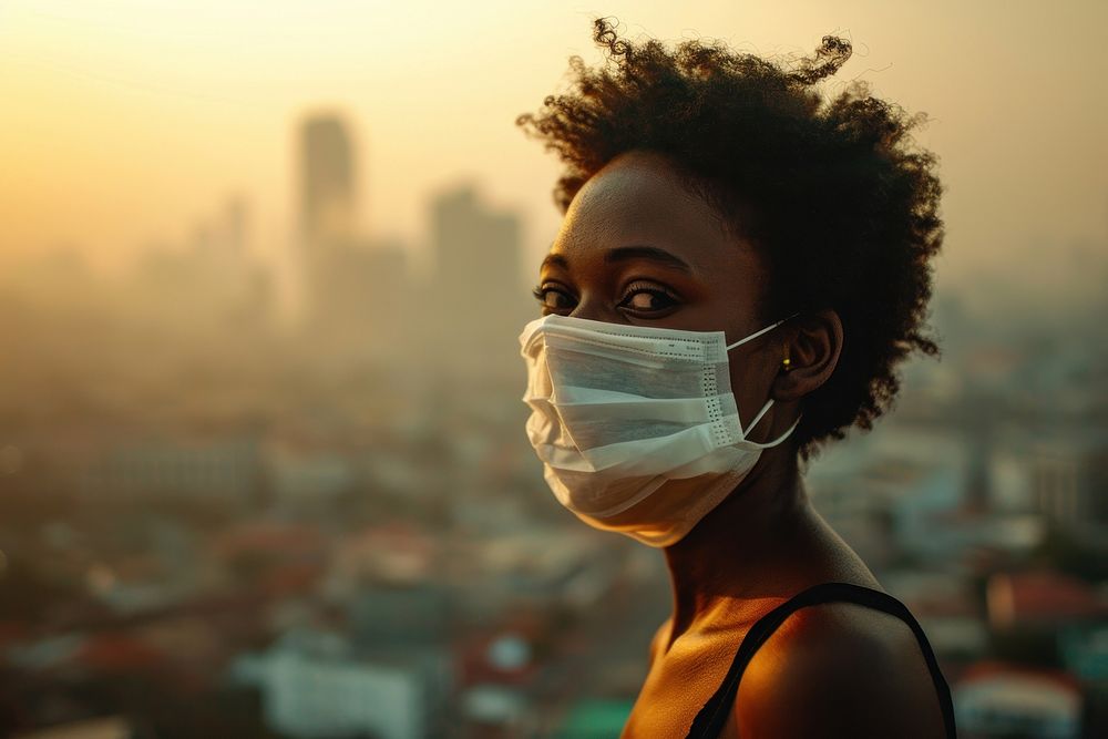 Black woman in highly polluted air city adult mask surgical mask. AI generated Image by rawpixel.