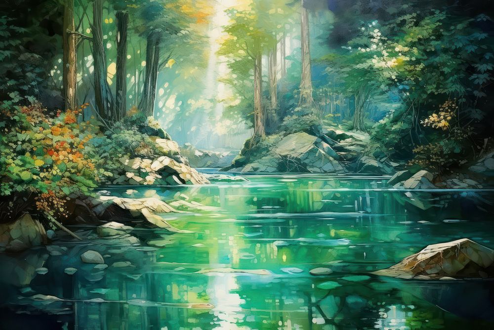 Lake in forest outdoors woodland painting.