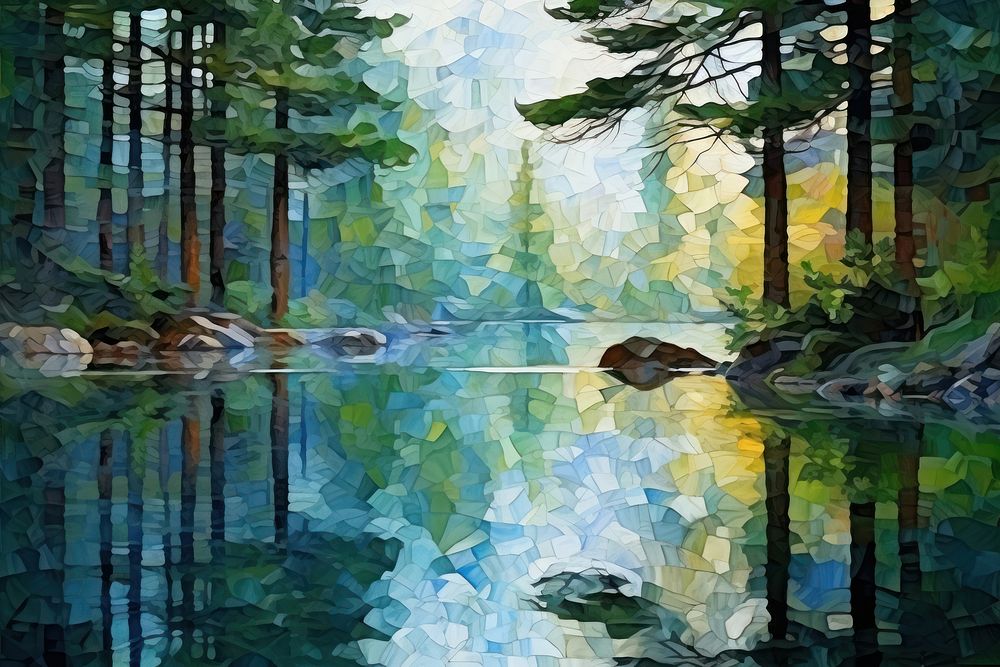 Lake in forest outdoors painting nature.