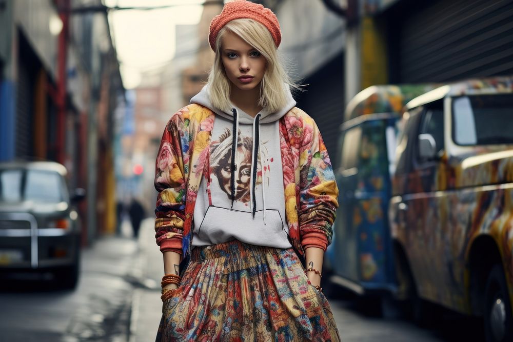 Model wearing street fashion adult city road.