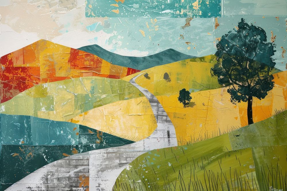 Country road art painting collage.