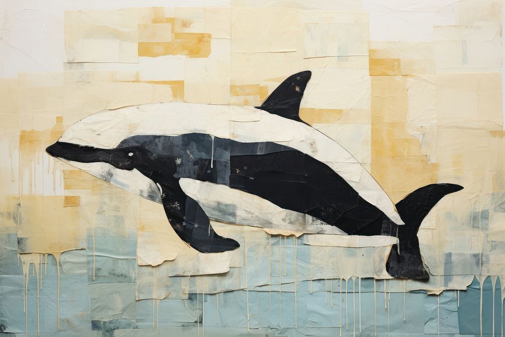 Abstract whale ripped paper art painting animal.