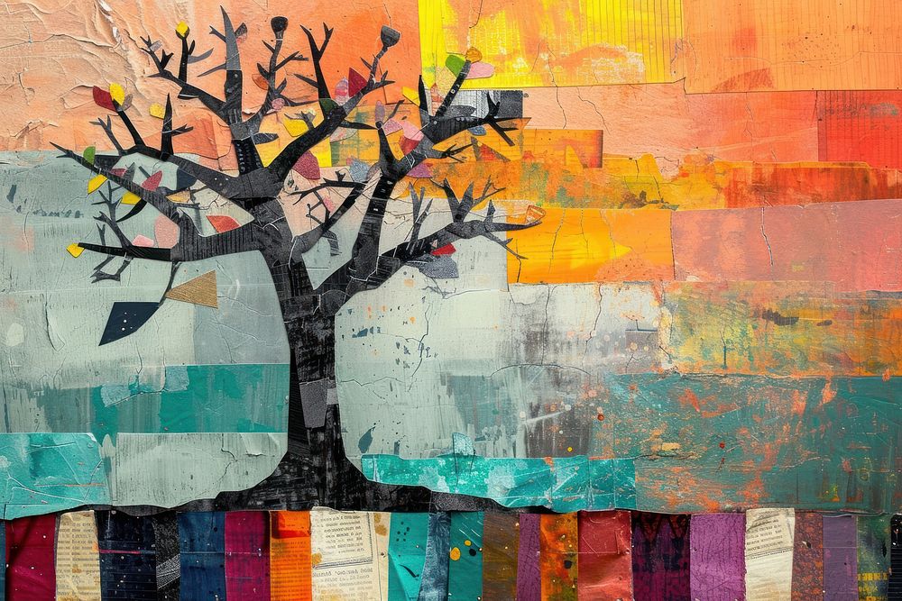 Tree collage art painting.