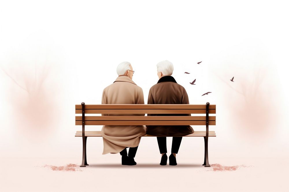 Elderly couple sitting on a bench furniture adult love.