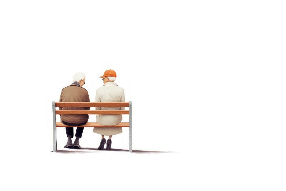 Elderly couple sitting on a bench adult love white background.