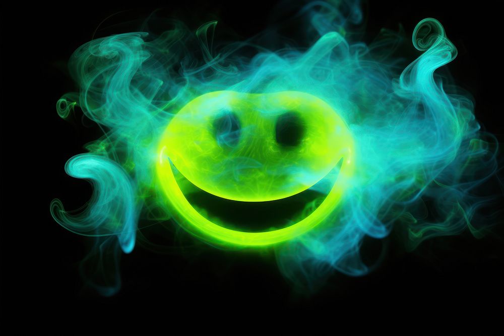 Neon smoke smiley face illuminated celebration happiness.