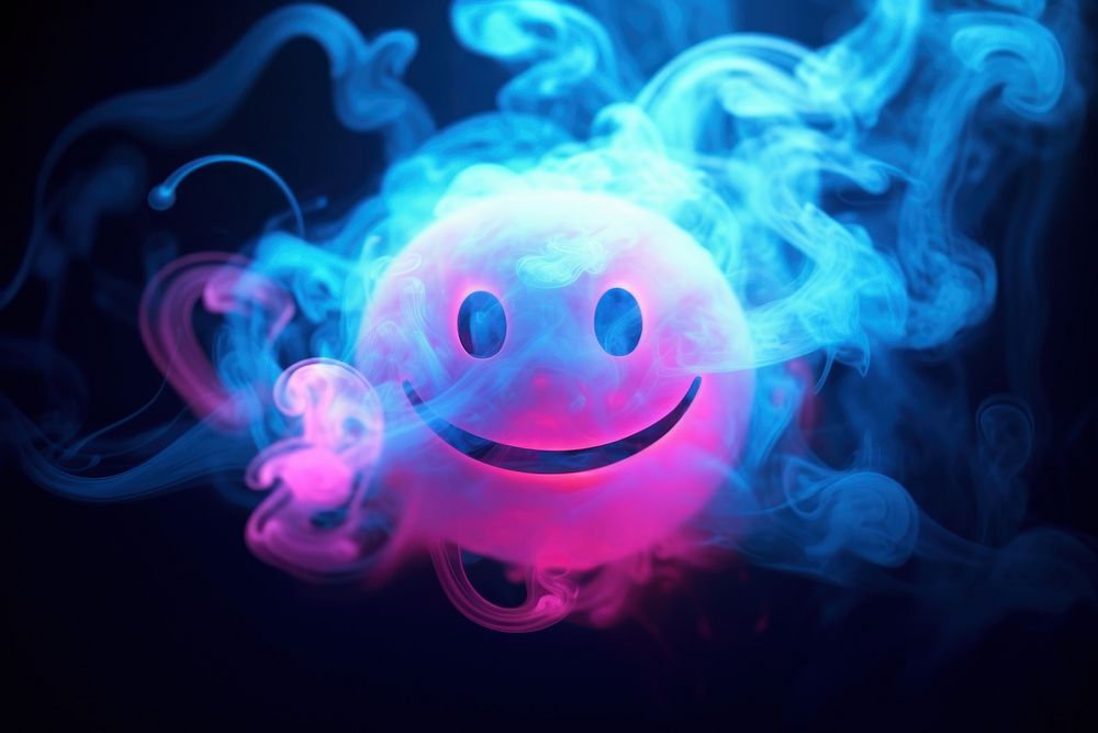 Neon smoke smiley face purple anthropomorphic illuminated.