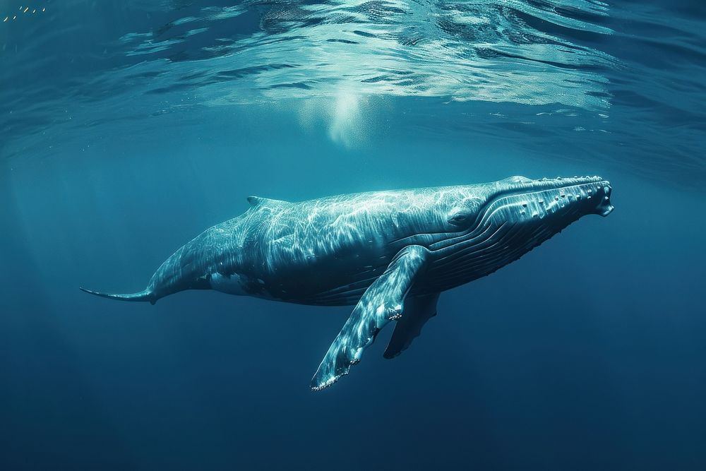 Side view underwater photo of full body of whale animal mammal marine.