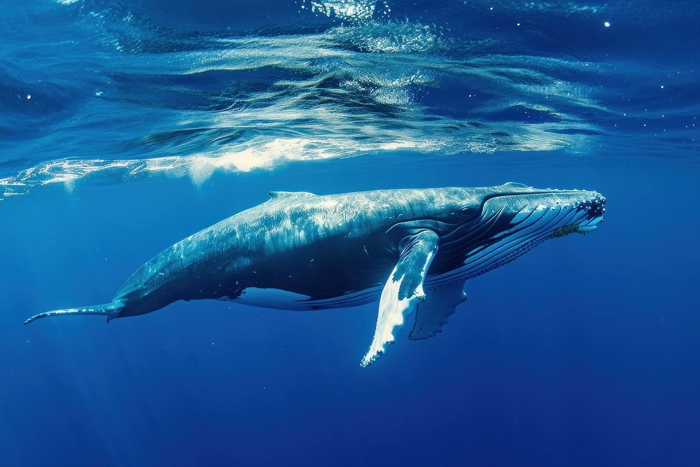 Side view underwater photo of full body of whale animal mammal marine.