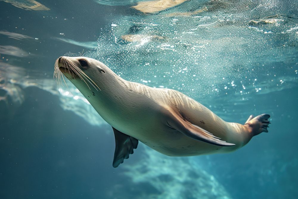 Side view underwater photo of natural sea lion animal mammal marine.