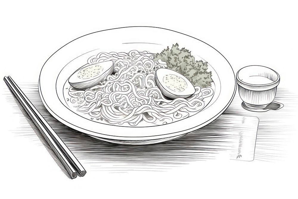 Sketch illustration of ramen drawing plate dish.