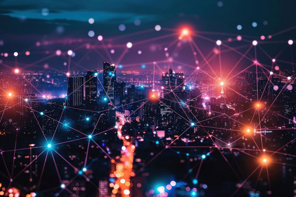 Colorful lights emerging from the city connected to the network architecture cityscape outdoors.