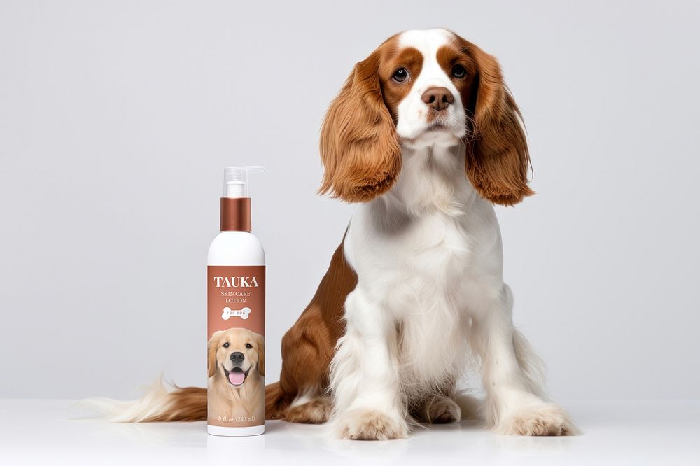 Spaniel and pet lotion bottle