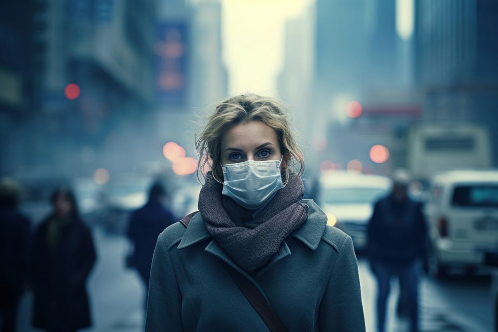 Woman wearing normal surgical mask adult smoke coat. AI generated Image by rawpixel.