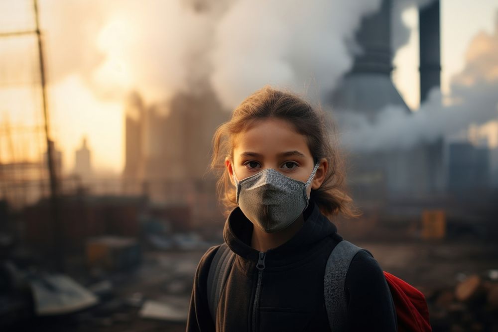 Woman wearing normal surgical mask photography pollution factory. AI generated Image by rawpixel.