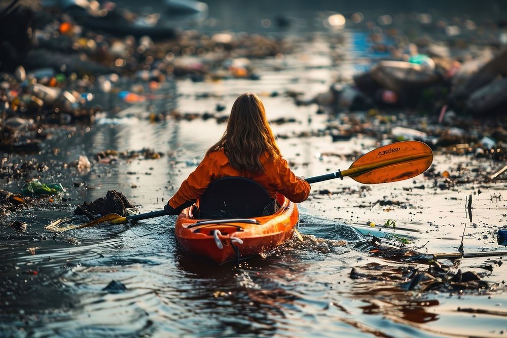 Woman kayaking in dirty polluted river pollution adult water. AI generated Image by rawpixel.
