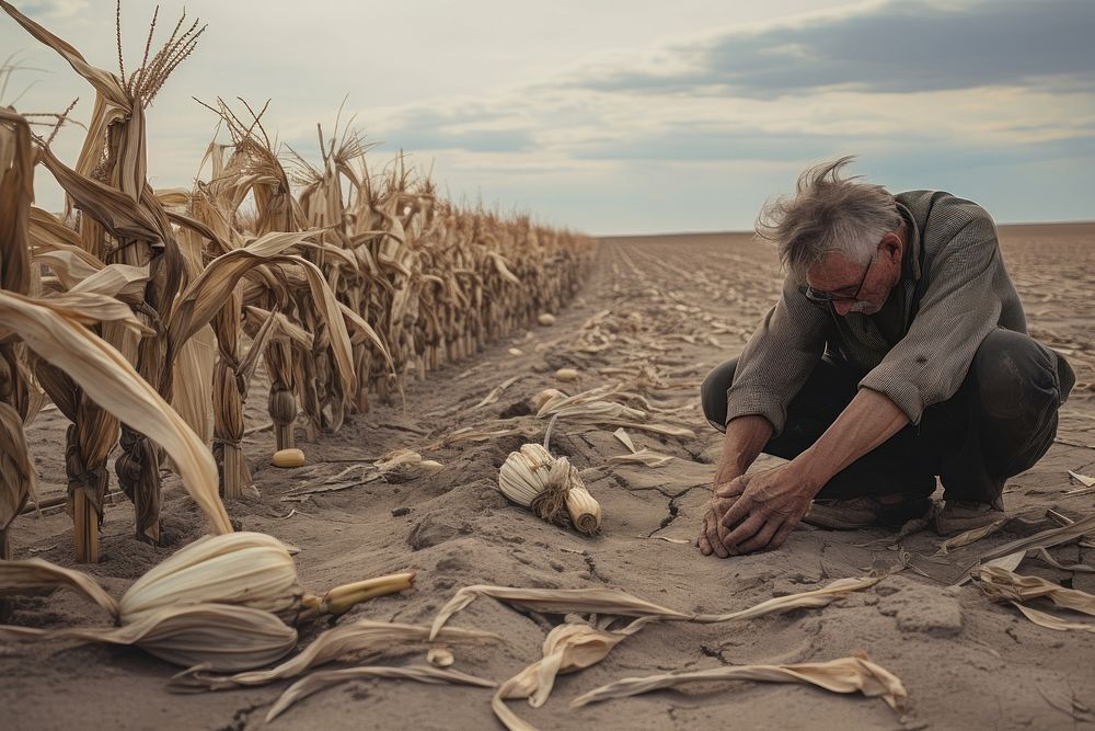 A farmer confronts the aftermath of a harsh drought outdoors nature field. AI generated Image by rawpixel.