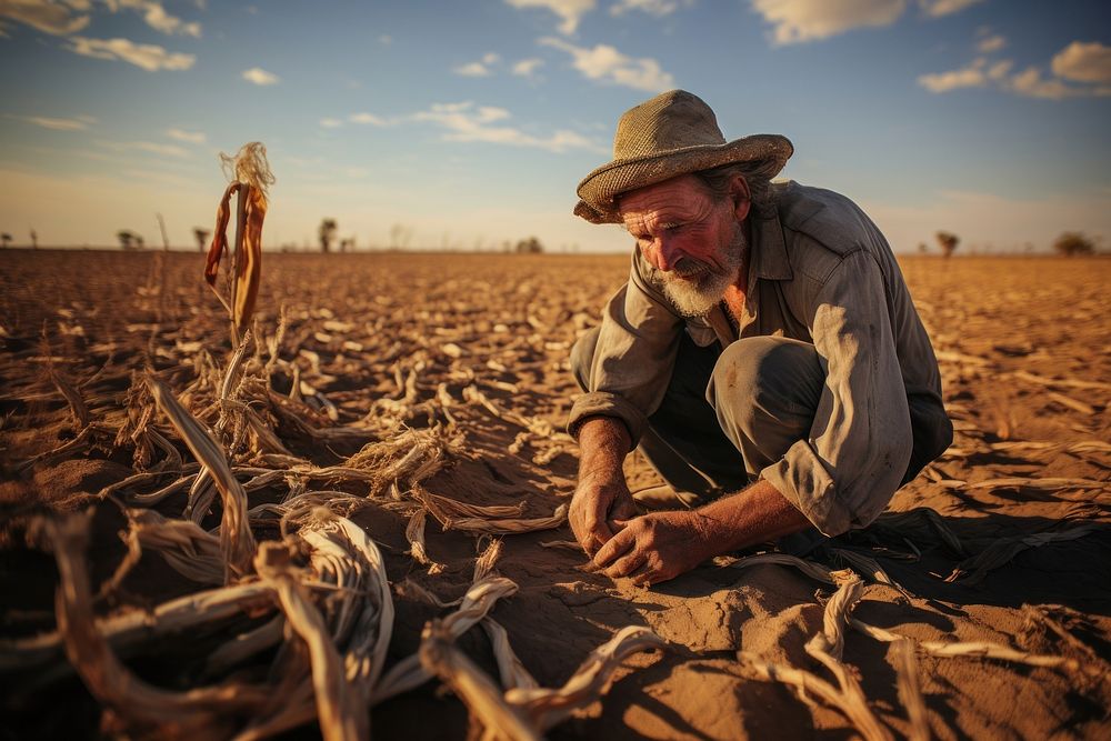 A farmer confronts the aftermath of a harsh drought photography outdoors portrait. AI generated Image by rawpixel.