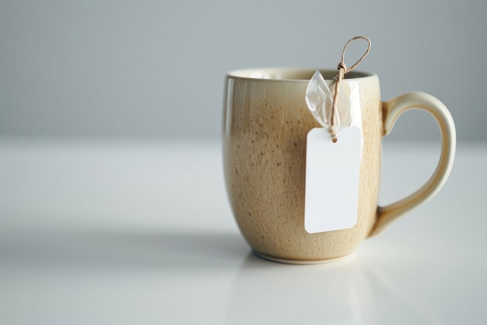  Beige ceramic mug with teabag label coffee drink cup. AI generated Image by rawpixel.