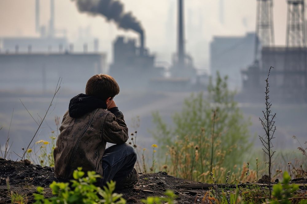 A boy sitting and watching poluted factory chimney pollution photography smoke. AI generated Image by rawpixel.