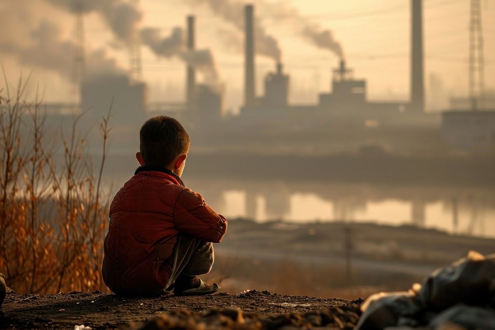 A boy sitting and watching poluted factory chimney pollution photography outdoors. AI generated Image by rawpixel.