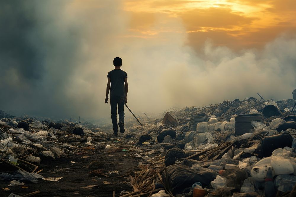 A boy walking along with pile of trash pollution silhouette landscape. AI generated Image by rawpixel.
