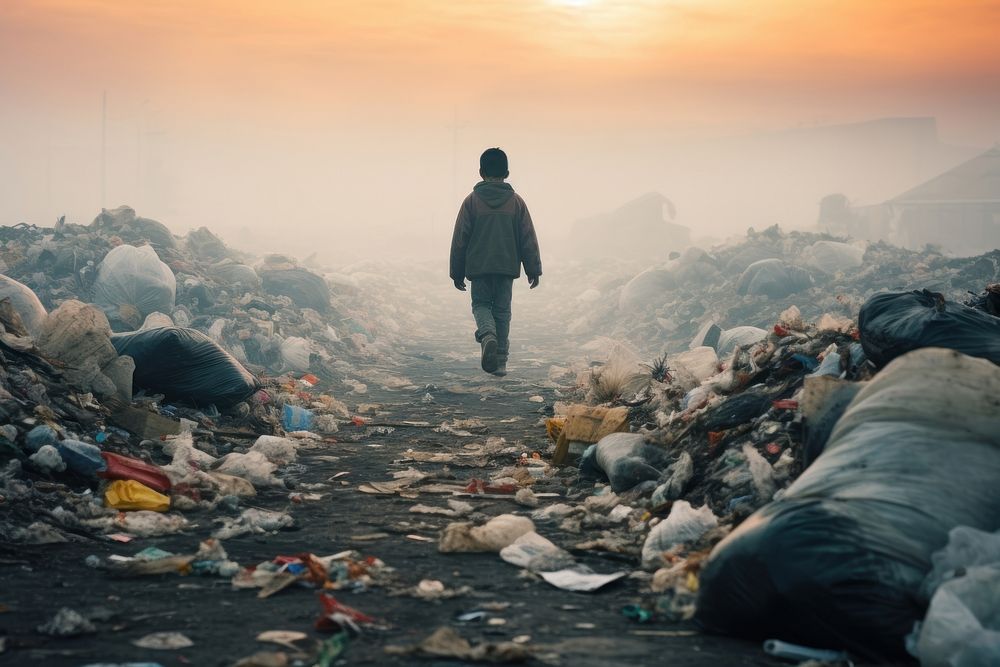 A boy walking along with pile of trash pollution garbage accessories. AI generated Image by rawpixel.